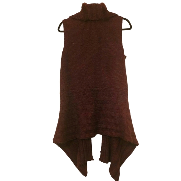 🔖Final Sale! Hendi Brown Asymmetrical Long Duster Sweater Vest with Fur Trim - Picture 13 of 16